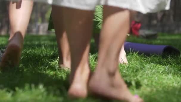 Women Dancing Grass Bare Feet Folk Festival Mid Shot — Vídeo de stock