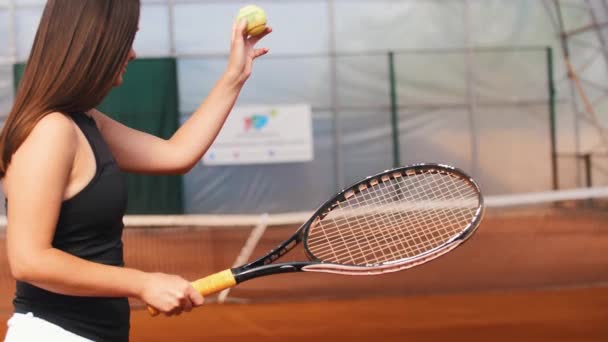 Brunette Woman Hitting Ball Tennis Court Net Mid Shot — Stock Video
