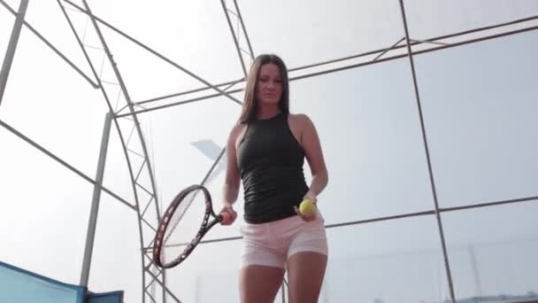 Tennis Woman Takes Aim Hits Ball Court Her Racket Mid — Stock videók