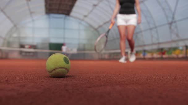 Sports Concept Woman Picks Tennis Ball Court Beats Opponent Mid — Stock videók