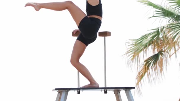 Young Blonde Woman Gymnast Dancing High Bars Sports Ground Mid — Wideo stockowe