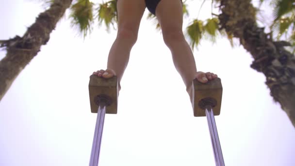 Gymnastics Sea Young Blonde Woman Balancing Small High Beams Mid — Wideo stockowe