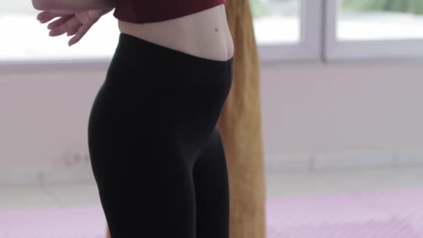 Women Doing Yoga Studio Standing Hands Backs Mid Shot — Videoclip de stoc