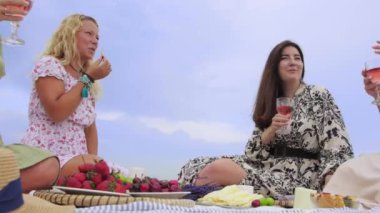 Four women drink wine and talking at a picnic by the sea. Mid shot