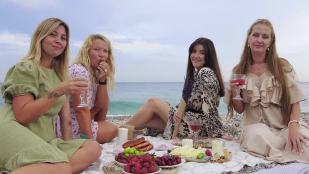 Four Women Picnic Sea Looking Camera Mid Shot — Vídeo de Stock