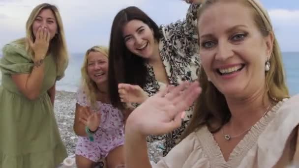 Videocall Four Happy Female Friends Having Picnic Beach Point View — Vídeos de Stock