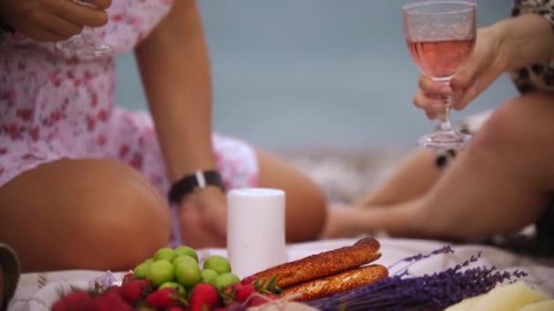 Women Having Picnic Berries Bagels Mid Shot — Stock videók