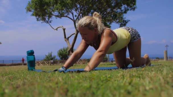 Adult Woman Doing Yoga Nature Doing Flexing Exercises Her Back — Wideo stockowe