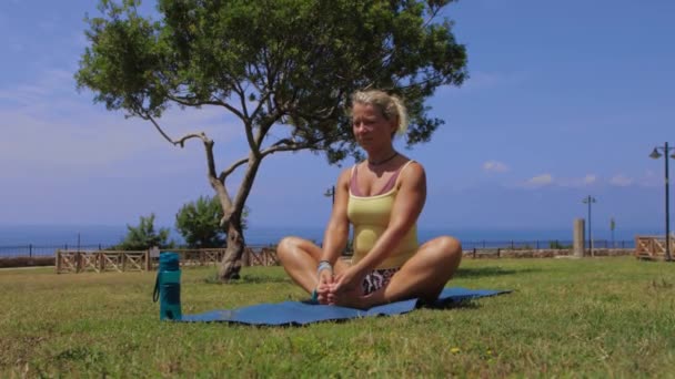 Adult Woman Doing Yoga Nature Sitting Yoga Mat Spreading Her — Stock videók