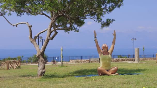 Adult Woman Sitting Yoga Mat Park Sea Meditating Mid Shot — Stockvideo