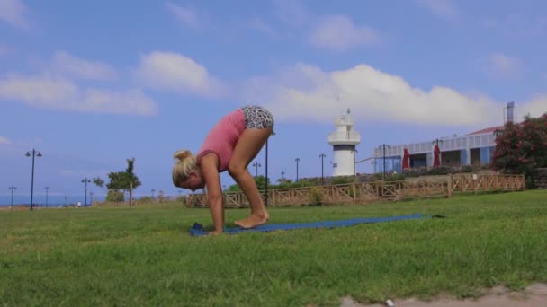 Woman Park Demonstrating Yoga Postures Mat Mid Shot — Vídeo de Stock