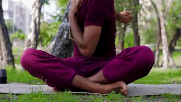 Arabian Man Experiencing Spiritual Practices Park Swinging His Arms Mid — Stockvideo