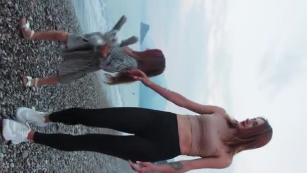 Daughter Her Young Mother Walk Seashore Mid Shot — Stock Video