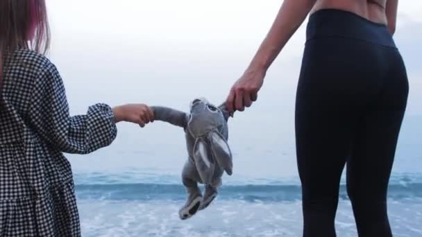 Little Girl Pink Strands Standing Sea Her Mother Playing Her — Αρχείο Βίντεο