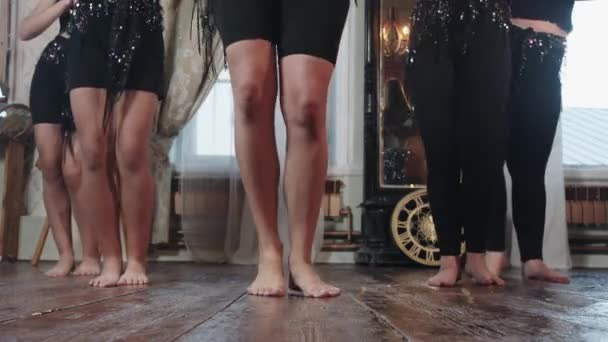 Een Groep Meisjes Danst Een Gesynchroniseerde Oosterse Dans Met Hun — Stockvideo