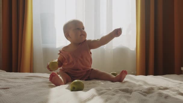 Pequeno Bebê Senta Uma Cama Joga Com Maçãs Lhe Buquê — Vídeo de Stock