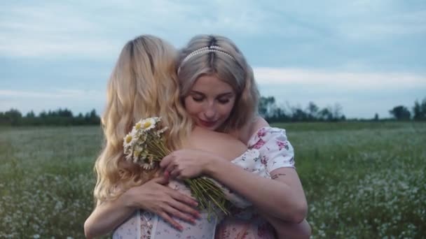 Twee Jonge Blonde Vrouwen Die Het Veld Knuffelen Tussenschot — Stockvideo