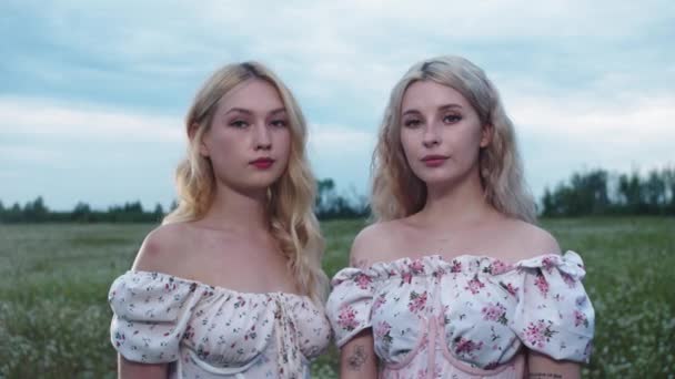 Twee Meisjes Lichte Zomerjurken Staan Een Veld Kijken Camera Portret — Stockvideo