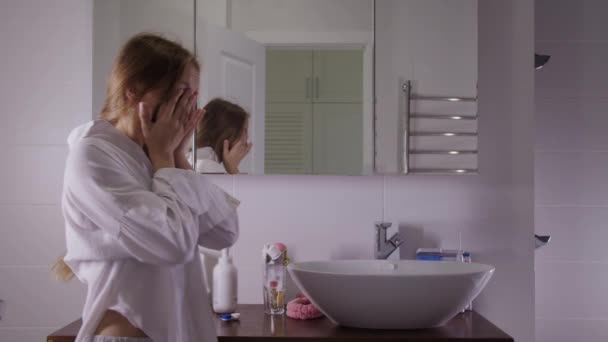 Young Sleepy Woman Comes Bathroom Morning Looks Mirror Portrait — Stock Video