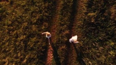 Sahada dans eden yaz ışığı elbiseli iki genç sarışın kadın. Hava görünümü