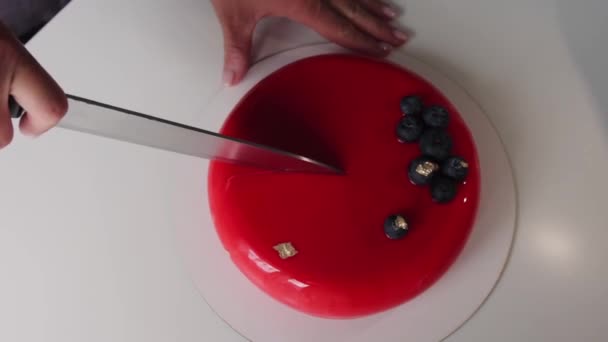 Cutting Piece Red Fruit Cake Mid Shot — Stock Video