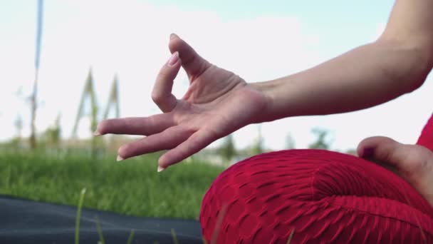 Eine Frau Meditiert Freien Und Zeigt Gesten Mit Händen Und — Stockvideo