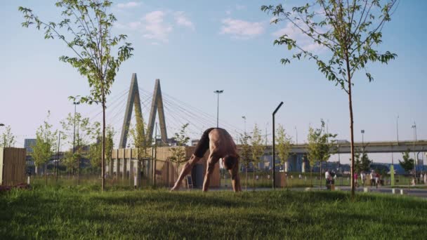 Μυώδης Γυμνόστηθος Άντρας Που Κάνει Αθλητικές Ασκήσεις Στο Πάρκο Δίπλα — Αρχείο Βίντεο
