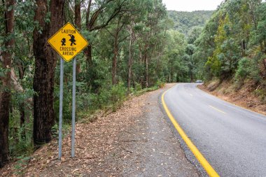 Victorian High Country, Avustralya 'nın Buller Dağı' ndaki otoyolda Cüce Önde Yol İşareti.