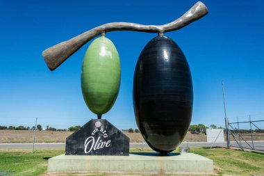 Tailem Bend, Güney Avustralya, Avustralya - 17 Mart 2019. The Big zeytin in Tailem Bend, SA. Büyük Zeytin, turistleri Büyük Zeytin işleme tesisine ve ziyaretçi merkezine çekmek için inşa edildi. Tailem Virajı 'nın hemen dışında yer alıyor.