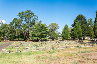 Mansfield, Victoria, Avustralya - 22 Mart 2017. Eski mezar taşlarıyla Mansfield Mezarlığı manzarası. Mezarlık 1865 'te kuruldu..