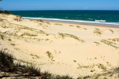 Queensland, Avustralya 'daki South Stradbroke Adası' nın doğu kıyısındaki kum tepeleri ve sörf plajı..