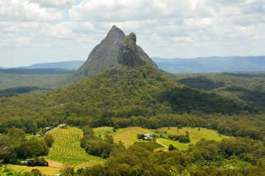 Queensland, Avustralya 'daki Glass House Dağları bölgesinde Beerwah ve Coonowrin Dağları manzarası.