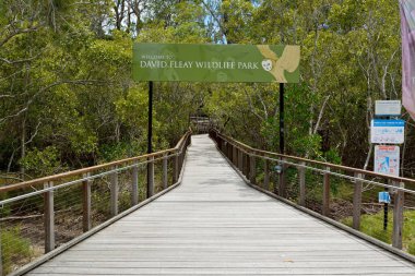 Burleigh Heads, Gold Coast, Queensland, Avustralya - 28 Aralık 2017. David Fleay Vahşi Yaşam Parkı 'na bitki örtüsü ve tahta kaldırım ile giriş..