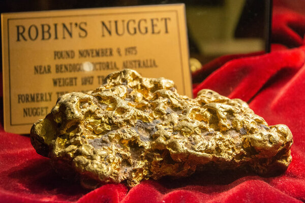 Las Vegas, Nevada, United States of America - January 11, 2017. Robin's gold nugget found near Bendigo, Australia, on display at Golden Nugget casino in Las Vegas.