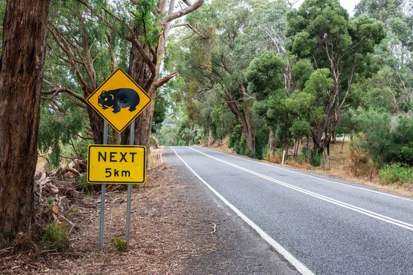 Motor road in Australia with Wombat Crossing. 5km road sign