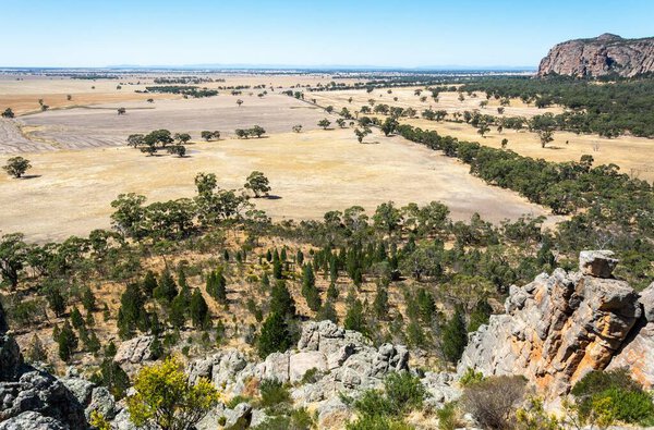 View of Arapiles plains from the summit of Mitre Rock in Victoria, Australia.
