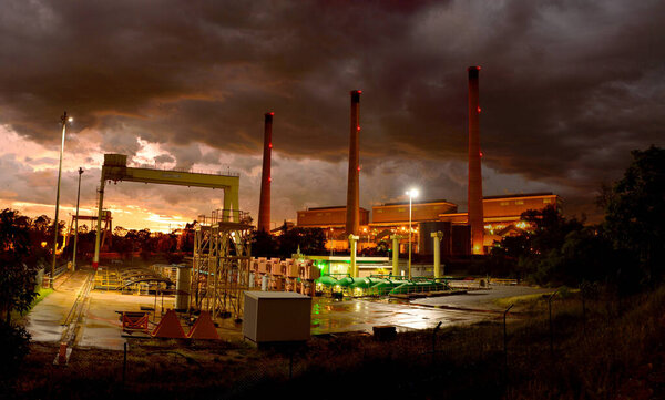 Gladstone, Queensland, Australia - January 2, 2018. Exterior view of NRC Gladstone Powerhouse at sunset before tropical storm.