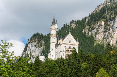 Fussen, Almanya - 29 Haziran 2016. Fussen yakınlarındaki Hohenschwangau köyündeki Schloss Neuschwanstein şatosunun dış manzarası. Neuschwanstein şatosu Walt Disneys 'in Uyuyan Güzel Kalesi' nin modeliydi..