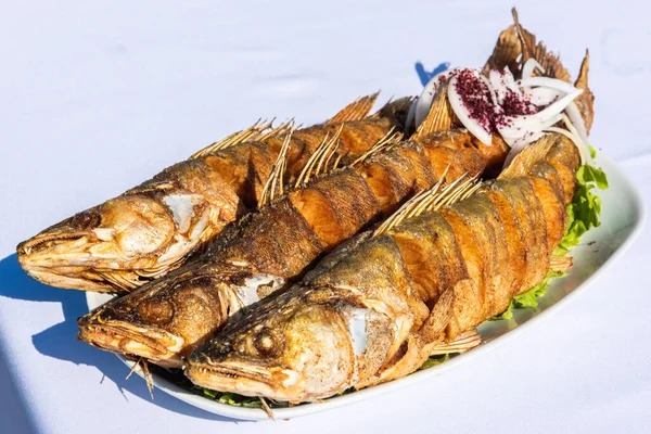 Placa Con Tres Lucioperca Pescado Servido Restaurante Pesca Bibi Heybat — Foto de Stock