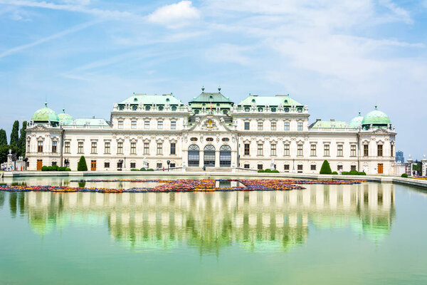 Vienna, Austria - July 11, 2016. Upper building of the Belvedere Palace in Vienna, Austria, across a pond, in summer.