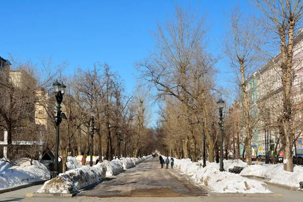 Moscou Rússia Março 2018 Vista Avenida Tverskoy Moscou Com Árvores — Fotografia de Stock