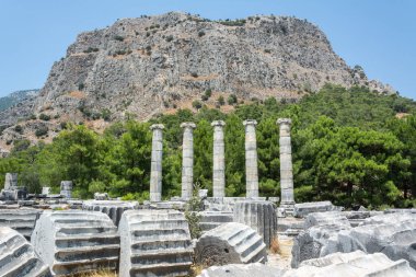 The ruins and the five re-erected columns at Priene ancient city in Turkey.