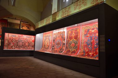 Istanbul, Turkey - April 23, 2017. Interior view of Carpet Museum in Istanbul, with ancient carpets on display.