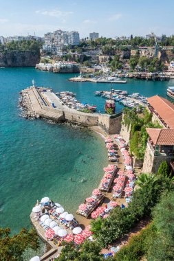 Antalya, Turkey - August 31, 2016. View over Mermerli Beach in Antalya, with people.