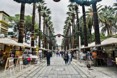 Izmir, Turkey - January 26, 2019. Sevgi Yolu (Love Street) in Izmir, with people, shops and palm trees.