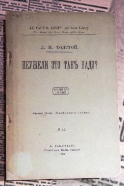Moscow, Russia - November 14, 2017. Cover of Neuzheli Eto Tak Nado essay (in Russian) by Russian writer Leo Tolstoy, dating from 1903.