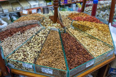 Doha, Qatar - November 5, 2016. Stalls of almonds and nuts at Souq Waqif market in Doha.
