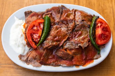 Plate of iskender doner in Turkey.