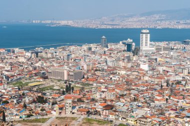 Izmir, Turkey - March 3, 2019. View over Agora ruins and Alsancak district of Izmir, Turkey. 