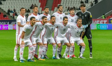 Kazan, Rusya - 10 Ekim 2017. Uluslararası dostluk karşılaşmasından önce İran milli futbol takımının takım fotoğrafı Rusya 'ya karşı (1-1)). 